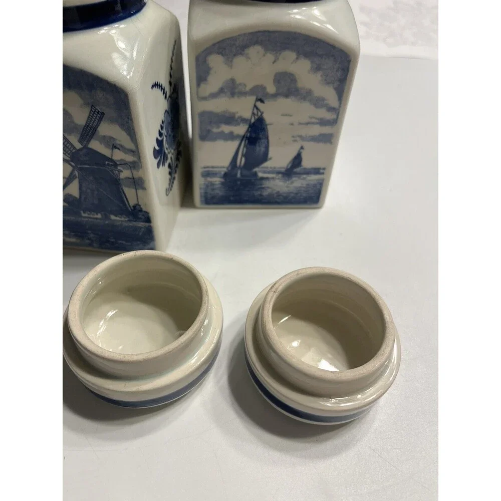 Pair of Delft Blue White Lidded Jars Spice Vanity Windmill Sailboat